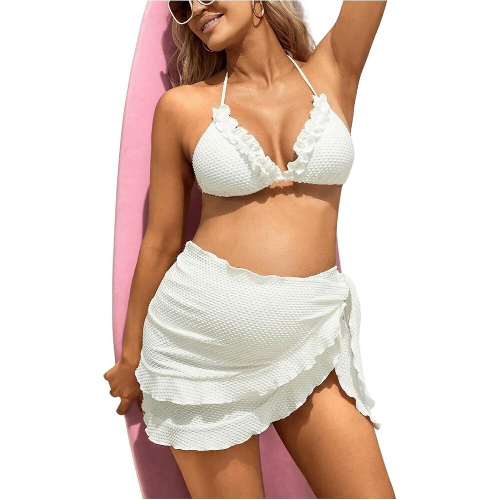 Maternity 3 Piece Swimsuit Textured Ruffle Halter Bikini Set w/ Skirt LARGE